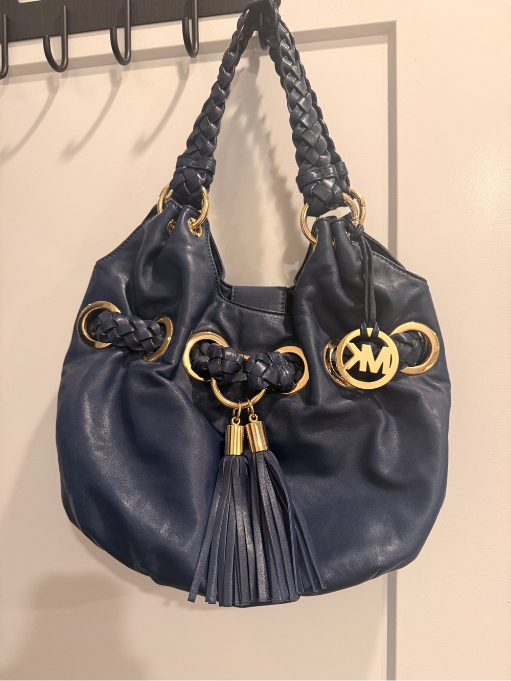 Michael Kors Navy Leather Braided Tassel Hobo Bag